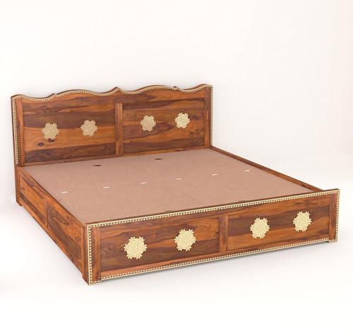 Image of Wooden King Size Bed with Storage | Double Bed Cot Bed with Box Storage and Traditional Brass Work for Bedroom & Hotel | Sheesham Wood | Honey Finish | Recommended Mattress Size: 78 X 72