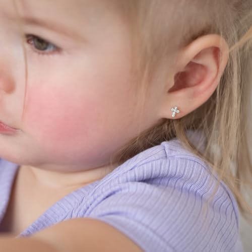 925 Sterling Silver Clear Cubic Zirconia Encrusted Cross Safety Screw Back Earrings For Little Girls - Religious CZ Earrings For Girls - Communion Gifts3