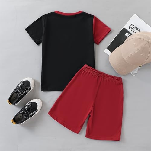 Image of Ayzozuy Boy Clothes Colorblock Top + Drawstring Waist Shorts 2 Pieces Kid Summer Outfits Set