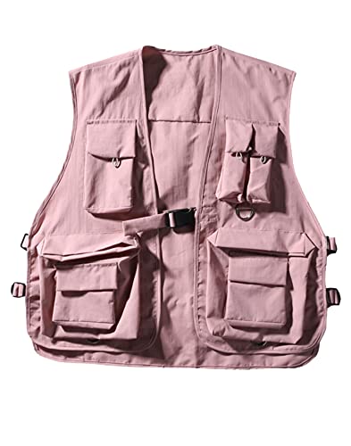 HaoMay Women's Outdoor Fishing Safari Buckle Vest Multi-pocket Photography Vest(Pink, X-Large)