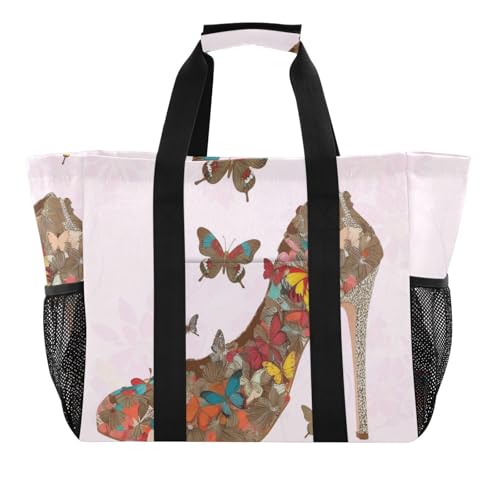 Butterflies High-heeled Shoe Large Beach Bag Waterproof Beach Tote Bags for Women Travel Gym Pool