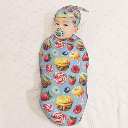 Image of Painting Lollipop and Muffins Newborn Swaddle Blankets Hat Sets Soft Baby Receiving Blanket Swaddle Sack for Baby Shower Infant Boy Girl Gift