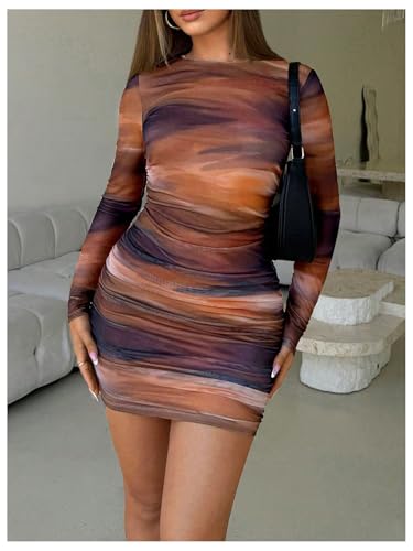 Image of Milumia Women's Tie Dye Ruched Round Neck Long Sleeve Dress Bodycon Mini Dresses