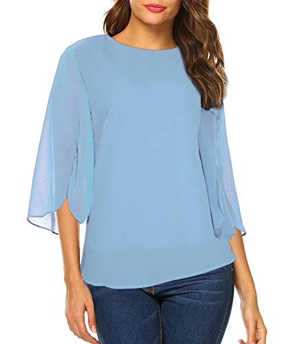 Image of Oyamiki Womens Half Sleeve Layered Flowy Chiffon Blouses Round Neck Shirts Tops