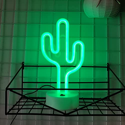 Image of JYWJ Neon Signs with Holder Base,USB or 3-AA Battery Powered Neon Light,LED Desktop Wall Decoration,Various Parties,Decoration of Business Premises(Cactus)