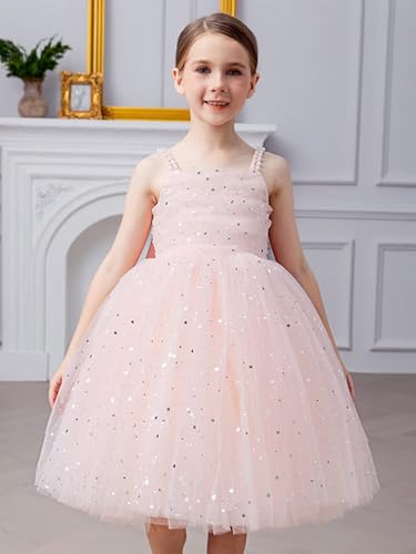 Pearls Sparkle Tulle Flower Girl Dress for Wedding Spaghetti Strap Sleeveless Bow Knot Short Satin Party Tutu Dress2