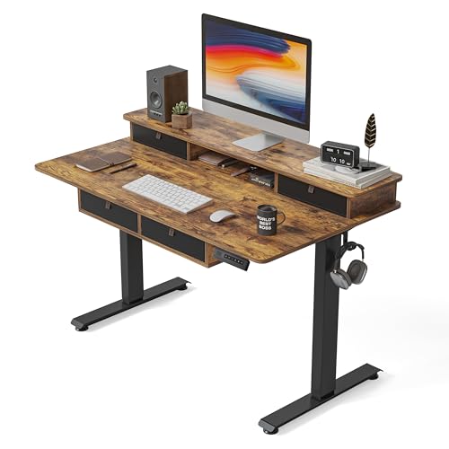 Image of FEZIBO 48'' x 24'' Electric Standing Desk with 4 Storage Drawers, Adjustable Height Computer Table with Monitor Shelf, Stand Up Desk for Study, Gaming, Workstation, Rustic Brown Top