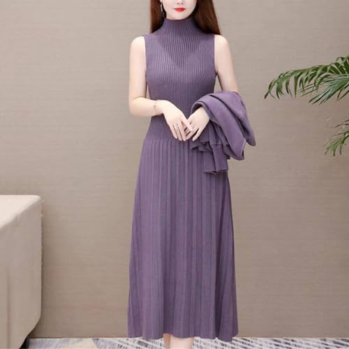 Casual Turtleneck Sleeveless Mid-Length Knitted Dress Solid Color Pullover Sweater3
