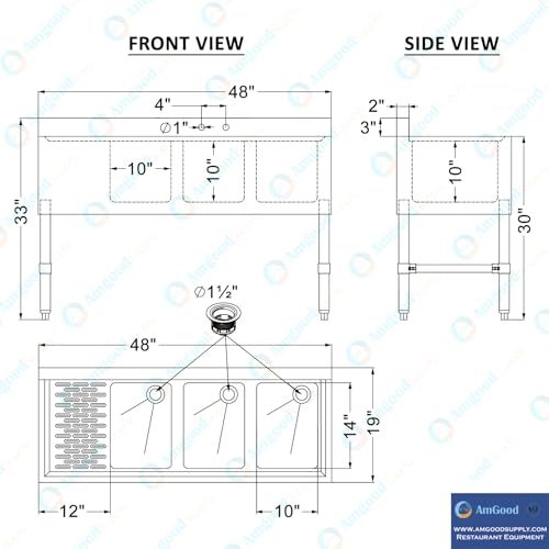 Image of AmGood 48 in. x 18-3 /4 in. Three Compartment Under Bar Sink with Left Drainboard. 48 in. x 18-3 /4 in. x 30 in. with 3 in. Backsplash, 10 in. x 14 in. x 10 in. Bowls. NSF