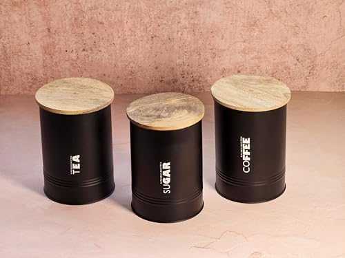 Image of JISCOVERY Airtight Tea, Coffee & Sugar Container Set of 3| Metal Storage Canister with Wooden Lid for Kitchen| Storage Box for Kitchen Counter Top| 1300 ML| Black