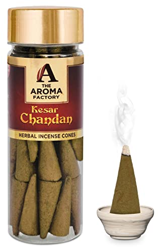 Image of The Aroma Factory Incense Dhoop Cone for Pooja, Kesar Chandan Sandal (100% Herbal & 0% Charcoal) 1 Bottle x 30 Cones