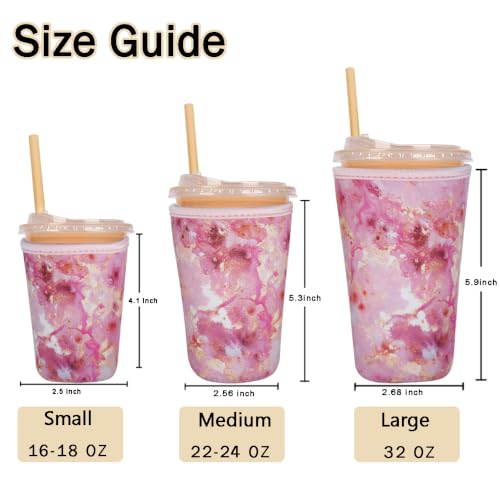 Image of Reusable Insulated Sleeve for Iced Coffee Cup, 3-Pack Coffee Neoprene Drink Sleeve for Cold & Hot Drinks, Beverage Holder for Iced Coffee (Rosy Marble)