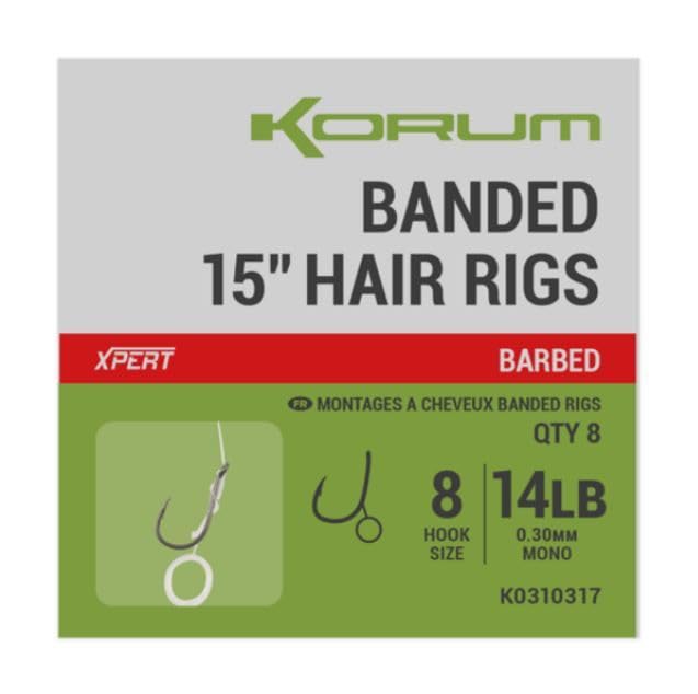 Korum 15" Banded Hair Rigs Barbed Qty 8 (Size 14 8lb)