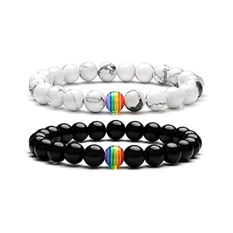 Pride Rainbow Bracelet,LGBT Pride Accessories,Black+White Agate Beads For Women Girl Couple Gay Lesbian Friends Good Luck Jewelry Gifts,Perfect Valentine's Day Gifts for Him or Her (A pair) Cover