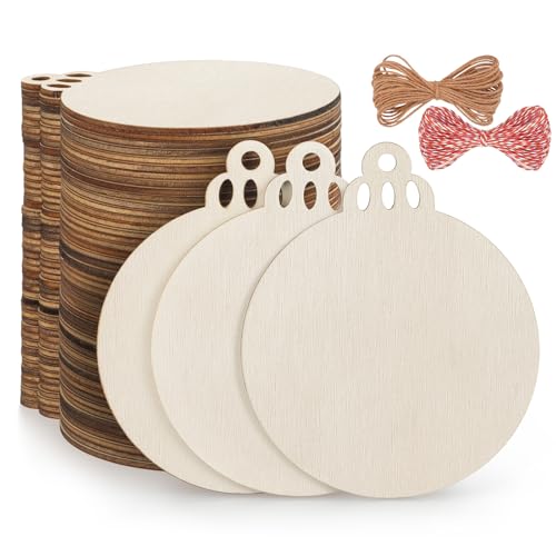 Fuyit 50PCS 4-Inch Wooden Christmas Ornaments, Unfinished Pre-Drilled Wood Slices Circles for DIY Crafts, Party Decorations & Holiday Ornaments