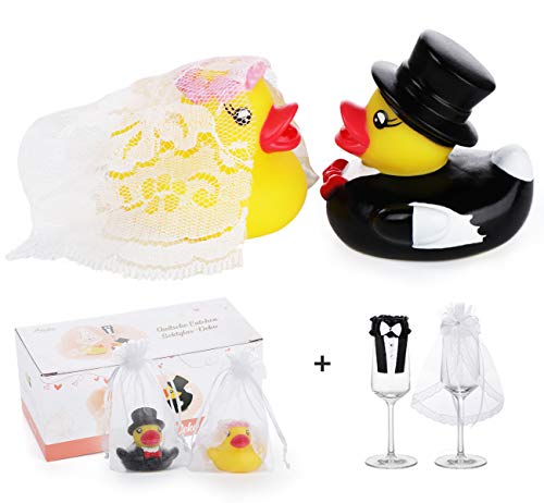 Adorfine Ente Hochzeitspaar Quietsche Entchen Hochzeitsenten mit Glas Hochzeit Sektglas Deko-Kleidung für Hochzeitsgeschenk Partydekoration(2 Paar) Cover
