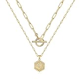 Dainty Layered Initial Necklaces for Women, 14K Gold Plated Paperclip Link Chain Necklace for Women