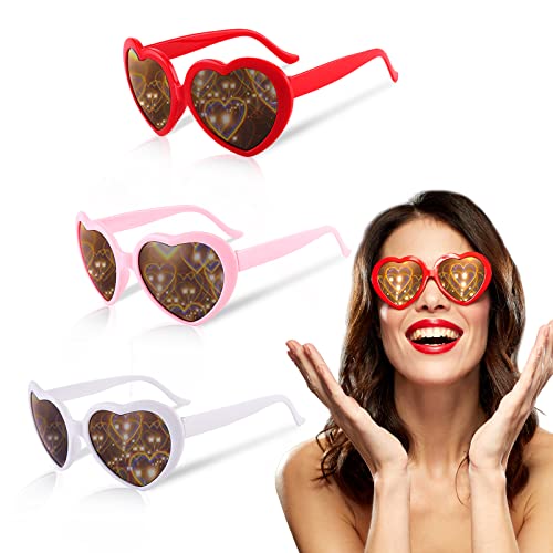 3 Pairs Heart Effect Diffraction Glasses Heart Shaped Sunglasses with Heart Effect for Rave Party Music Festival Fireworks Show 3D