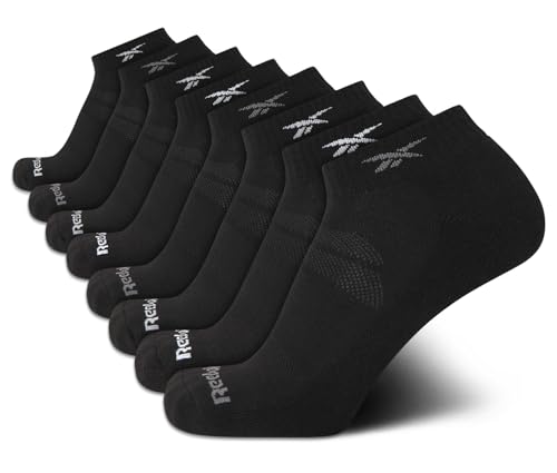 Reebok Men's Quarter Socks - 8 Pack Performance Arch Support Socks - Cushioned Athletic Socks for Men (Shoe Size: 6-12.5), Size 6-12.5, All Black