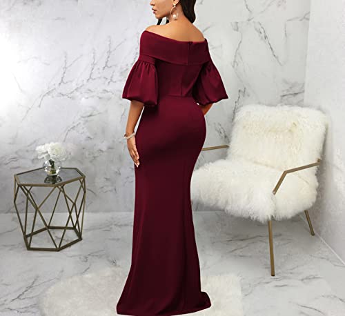 Elegant Off Shoulder Formal Mermaid Maxi Dresses For Women Casual Lantern Sleeve Evening Gown Prom Wedding Cocktail Party Dress Burgundy #TOP6