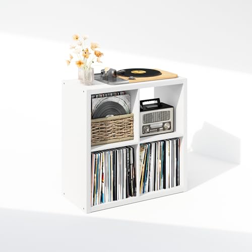 Image of Furinno Cubicle Record Player Stand, 4-Cube Vinyl Record Storage, White | Vinyl Storage, 1.2 inchInch Extra Thick, Open Back Media Shelf for CD DVD Bluray Game Disc, for Living Room, Home Office