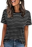 Summer Tops for Women 2026 Trendy Oversized Tshirts Spring Break Essential Plus Size Clothes Beach Vacation Cute Outfits Dressy Casual Blouses Short Sleeve T Shirts Loose Fit Striped Tops Black XL