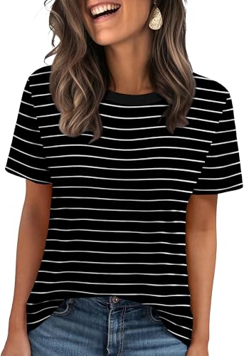 Summer Tops for Women 2026 Trendy Oversized Tshirts Spring Break Essential Plus Size Clothes Beach Vacation Cute Outfits Dressy Casual Blouses Short Sleeve T Shirts Loose Fit Striped Tops Black XL