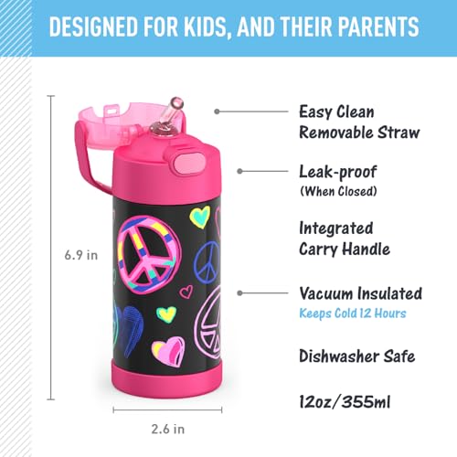 Image of THERMOS FUNTAINER Water Bottle with Straw - 12 Ounce - Kids Stainless Steel Vacuum Insulated Water Bottle with Lid, Peace (Pack of 6)