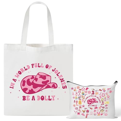 CZgfva 2Pcs Western Pink Cowgirl Hat Canvas Makeup Tote Bag Set, Inspired Country Music Cosmetic Pouch, Foldable Reusable Grocery Folding Shopping Hand Bag Country Music Lovers Fans Gifts for Women