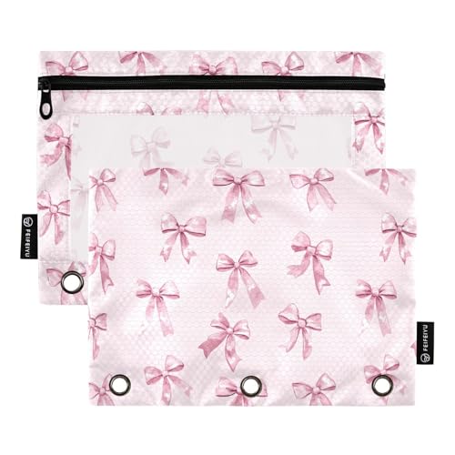 KICPOAY Pencil Pouch for 3 Ring Binder Coquette Pink Bow 2 Pack Clear Window Pencil Bags with Zipper Pencil Case