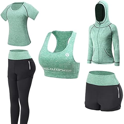 JULY'S SONG Yoga Kleidung Anzug 5er-Set Trainingsanzug Laufbekleidung Gym Fitness Kleidung (Grün, M) Cover