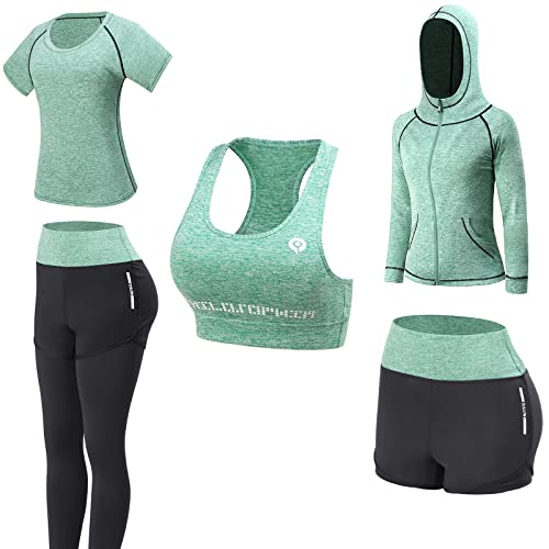 JULY’S SONG Women Workout Clothes Upgraded 5 Piece Yoga Suit Sportsuits Running Jogging Gym Workout Outfit Women’s Activewear Sets Sports Exercise Fitness Clothing