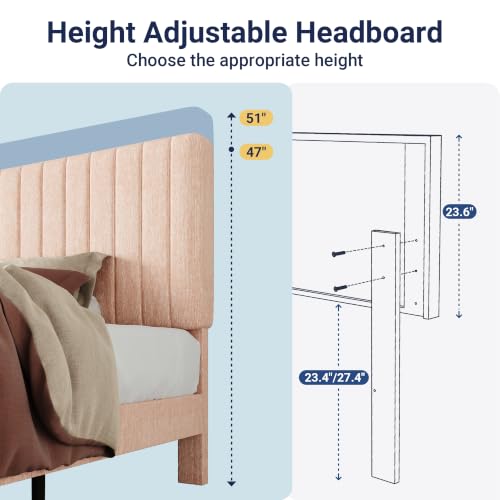 Image of Allewie Full Bed Frame, Upholstered Platform Bed with Adjustable Vertical Channel Tufted Headboard, Mattress Foundation with Strong Wooden Slats, Box Spring Optional, Easy Assembly, Chenille Pink