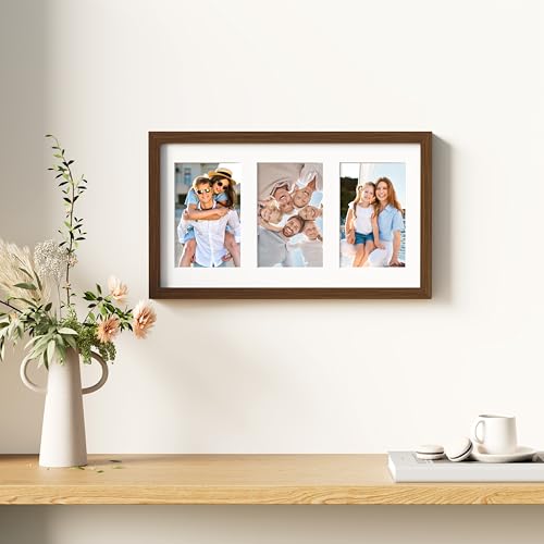 decorUhome 8x14 Picture Frames Collage Wall Decor, Display 3Pcs 4x6 Photos with Mat or 1Pcs 8x14 Unmatted, 3 4x6 Collage Picture Frames for Wall Mounting, Brown