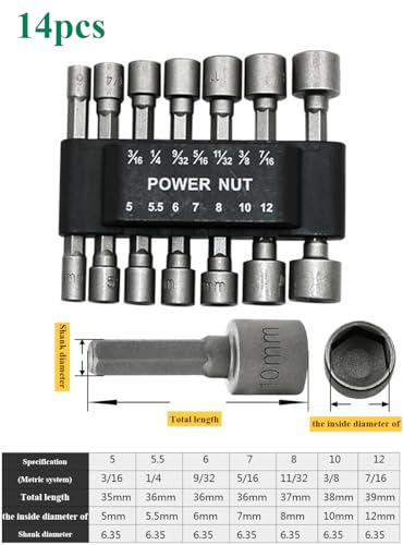 Image of Zurato 14 Piece Power Nut Driver Drill Bit Socket Wrench Tool Set | 35K Carbon Steel 1 /4 Inch Hex Shank Nut Driver Bits | Rustproof Wrench Adapter Kit for Drill Machine (14 Piece, Pck of 1)
