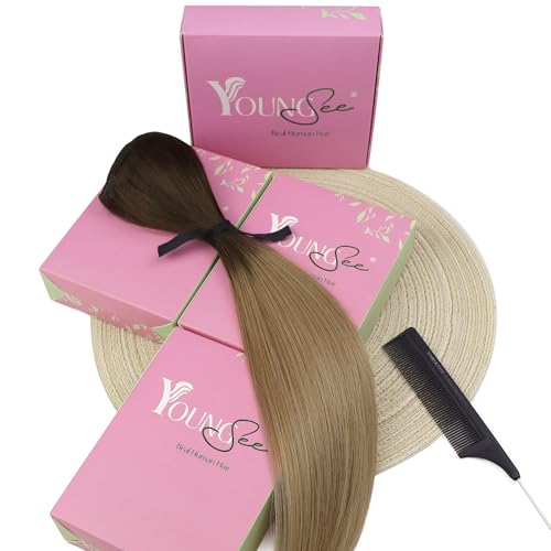 Image of YoungSee Ombre Clip in Human Hair Extensions Chocolate Brown Roots to Caramel Blonde Clip on Hair Extensions for Women Brown Ombre Human Hair Extension Clip ins Rmey Hair 14in 7pcs 120g