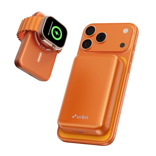 Image of URBN Curve 3 in 1 Wireless Power Bank for iPhone, 10000mAh MagSafe Fast Charging for Apple AirPods, iWatch, iPhone 12 & Above, Android & Other Qi Enabled Devices (Orange)