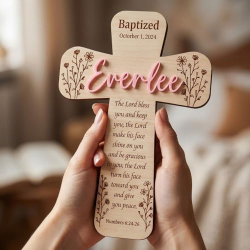 Image of Daty Custom Baby Baptism Gifts for Girls or Boys, Personalized Wooden Cross Wall Decor, Christening Gift, Religious Nursery Decor, Gift from Godparents1