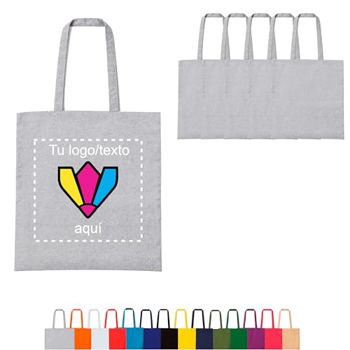 Regalix Shop   Tote bag personalizada   Pack 5 uds. 14 colores – Asas largas, 38 x 42 cm – Ideal para regalos, eventos y pequeños negocios   Bolsa tela personalizada resistente para compra (5, Gris)