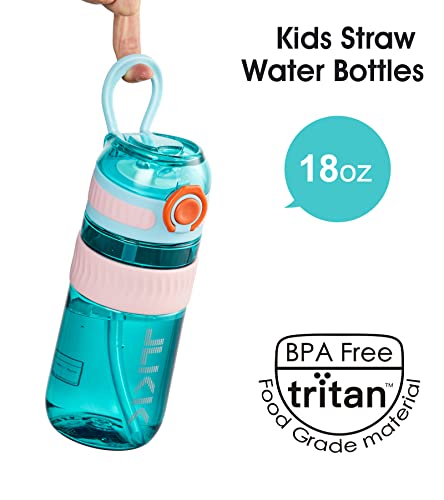 Tkk 18Oz Kids Water Bottles With Straw Lid & Carry Handle, Pop Button Bpa Free Leak Proof Water Bottle For School, Teal #TOP3