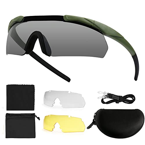 Feyachi Gafas de Protección, Gafas de Tiro Táctico con 3 Lentes Intercambiables, Gafas de Ciclismo Transparentes, Protección Ocular Resistente a los Impactos(Verde militar)