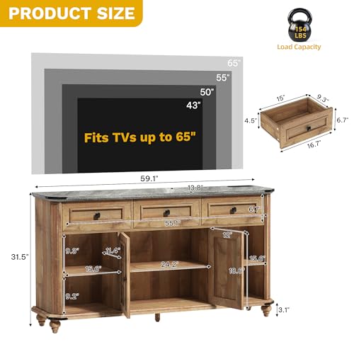 DWVO Farmhouse TV Stand for 65 Inch TV, 31.5" Tall Entertainment Center w/3 Drawers & Shutter Doors, Rustic Media Console Cabinet w/Storage Shelves, Wood Television Stand for Living Room, Rustic Brown