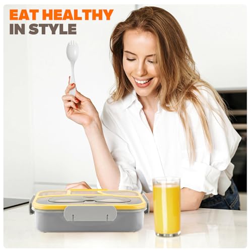 Image of EASYFUN Bento Box Adult, Lunch Box, 4-Compartment Lunch Containers, Drop-Proof, Dishwasher Safe & Made with BPA-Free Materials (Grey)