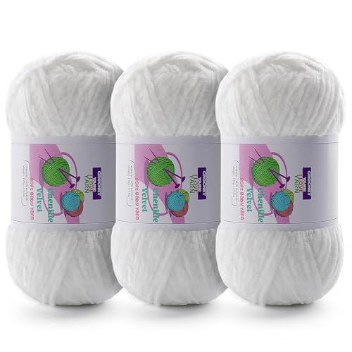 Image of 3 Skeins Soft Fluffy Velvet Yarn, Chenille Chunky Yarn for Hand Knitting and Crocheting DIY Craft, Amigurumi Crochet Yarn(3x196.8yds, 3x3.5oz) (Pure White)