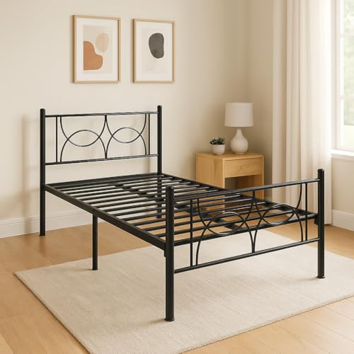 Image of Luno Metal Extra Single Size Bed Without Storage | Wrought Iron Cot with Headboard & Footboard| Sturdy Powder Coated Platform Bed Extra Single Size Cot for Bedroom (Luno Black)