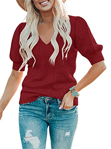 Image of Foshow Womens Puff Short Sleeve Sweater Tops Summer Lightweight Loose Knit Pullover Shirts Blouses