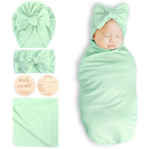 Image of DRESHOW BQUBO Baby Girl Newborn Receiving Blankets with Bow Hat Headband Wooden Birth Announcement Card Set Newborn Baby Swaddle Wrap Set Warm Shower Gift
