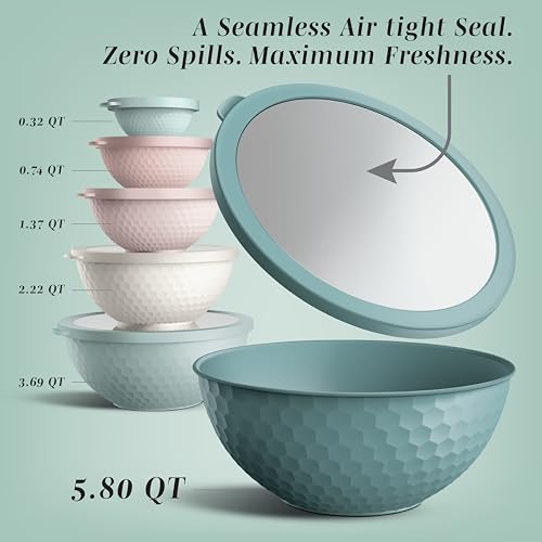COOK WITH COLOR Mixing Bowls with Lids - 12 Piece Plastic Nesting Bowls Set includes 6 Prep Bowls and 6 Lids, Microwave Safe Mixing Bowl Set, Teal Embossed - Image 4