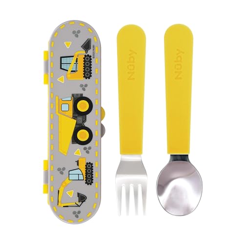 Nuby Stainless Steel Toddler Utensils with Travel Case - Self-Feeding Fork & Spoon Set for Kids - Easy-to-Hold Training Utensils - Rounded Safe Edges for Self-Feeding - Construction Zone