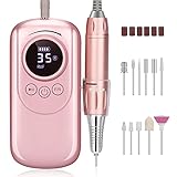 Professional Electric Nail Drill, Portable E File Machine for Acrylic Gel Nails, Rechargeable 35000 RPM Nail Drill with 11 Bits and Sanding Bands for Manicure Pedicure, Polishing Shape (Pink)